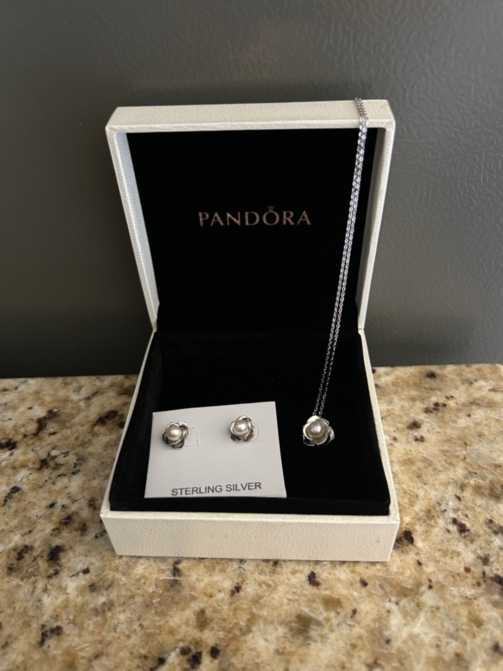 Pandora Sterling Silver  Pearl Floral Necklace and Earrings Set - Silver 925